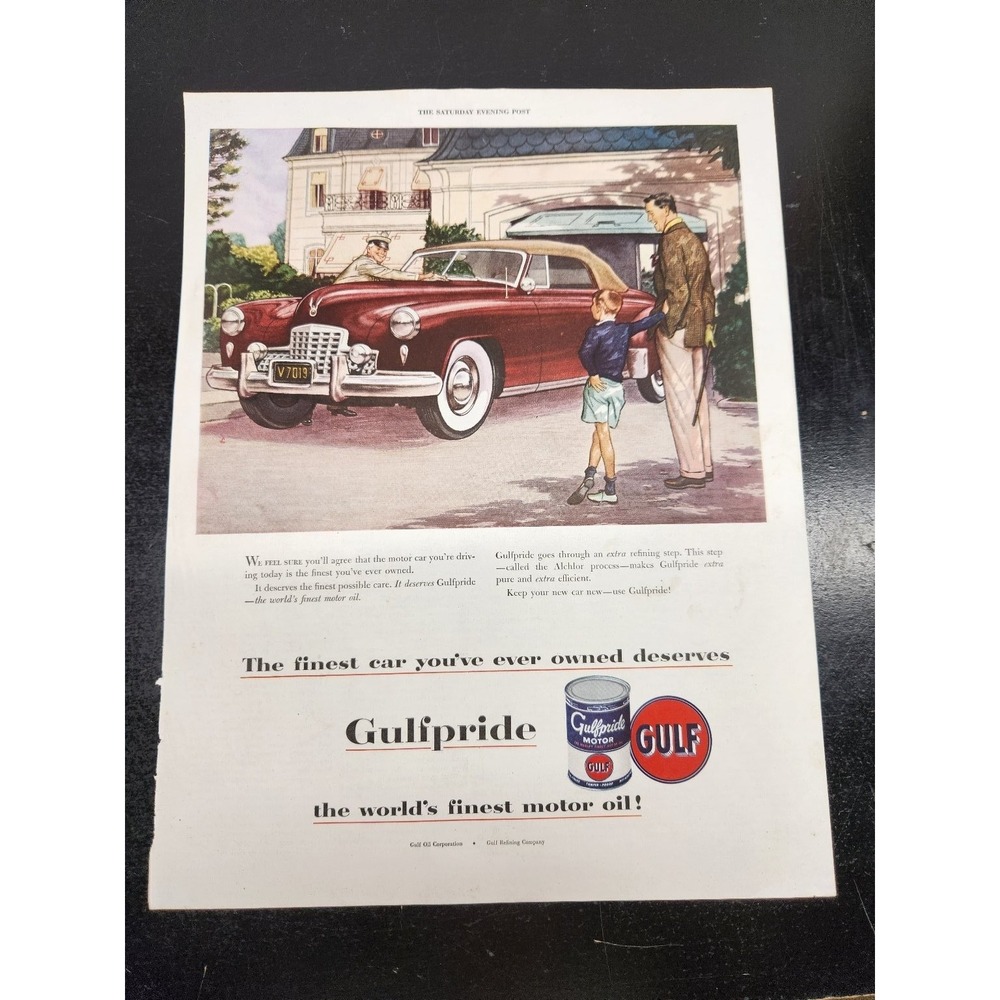 1949 Gulfpride Motor Oil Vintage Magazine Ad Gulf Oil Classic Car Art 1940s